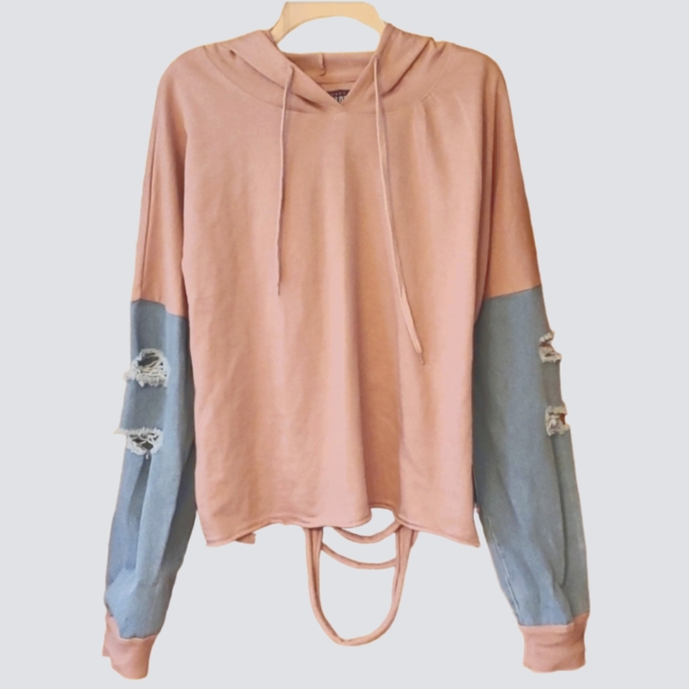 LOVELOVELOVE Pink and Denim Distressed Grunge Hoodie‎ Size 3X